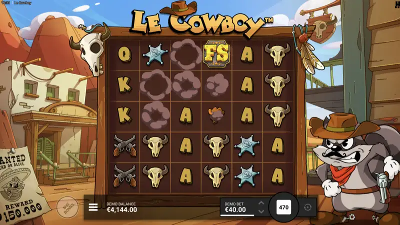 Le Cowboy gameplay med 5x5 cluster pays-rutnät och Vilda Västern-symboler