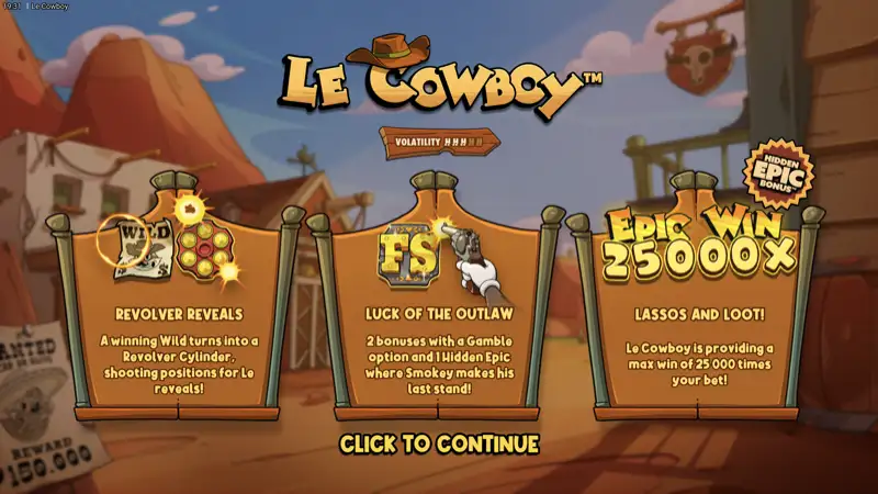 Le Cowboy slot introskärm med Vilda Västern-salongen och Smokey tvättbjörnen